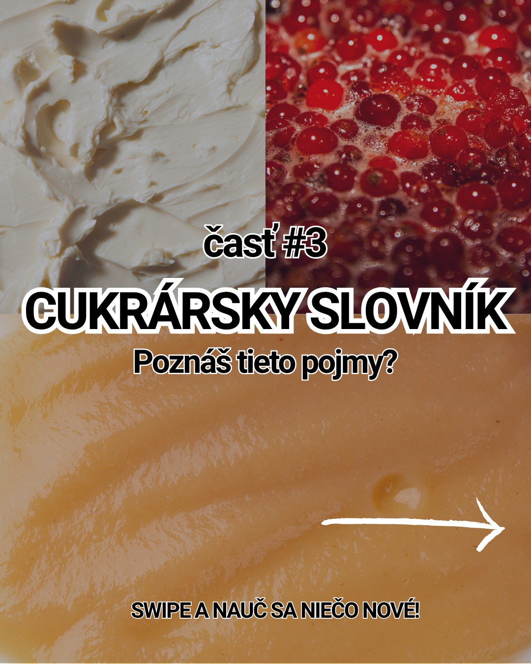 Collage of cream, red berries and pastry with bold Slovak text 'Časť #3 CUKRÁRSKY SLOVNÍK' and 'Poznáš tieto pojmy?' inviting users to swipe for more.