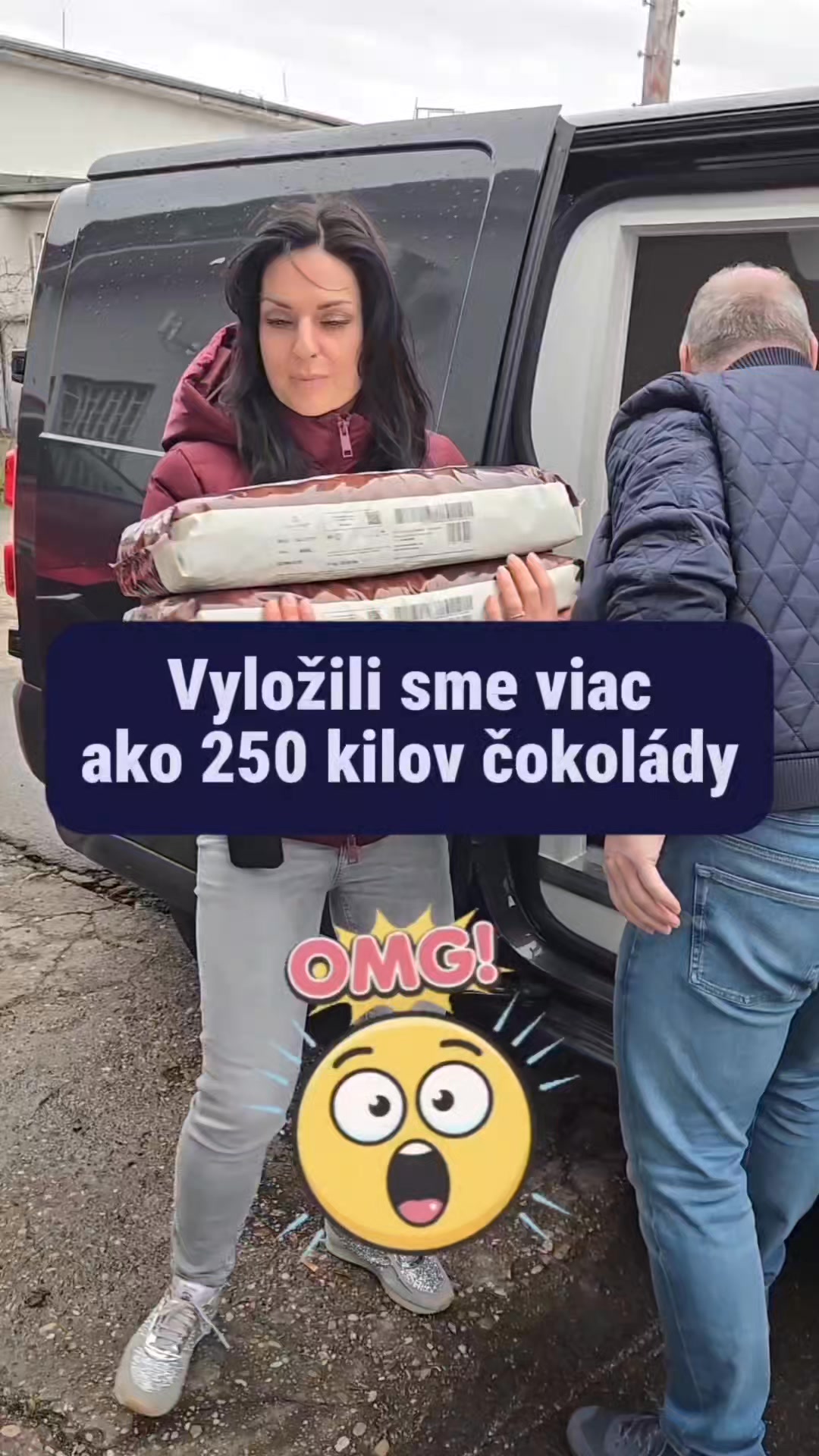 Woman carrying two large wrapped packages toward a van with a text overlay about loading 250 kilos of chocolate.