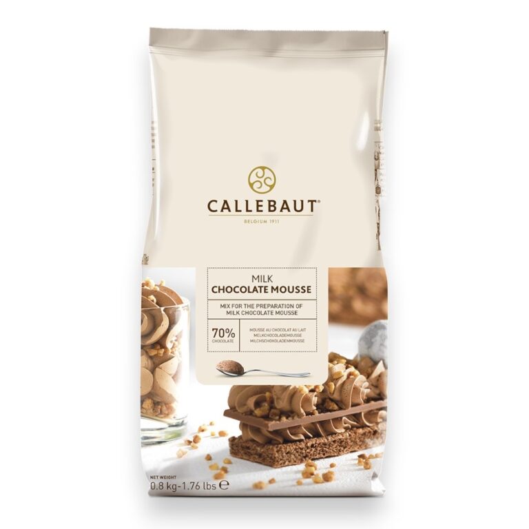 Callebaut Milk Chocolate Mousse mix bag showing logo and dessert image on front.