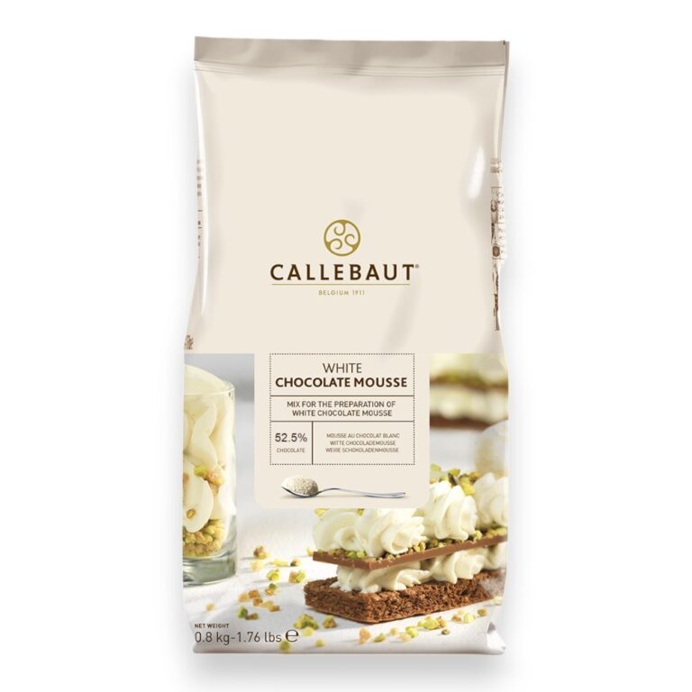 Callebaut White Chocolate Mousse mix bag with logo and a dessert image on the front; net weight 0.8 kg.