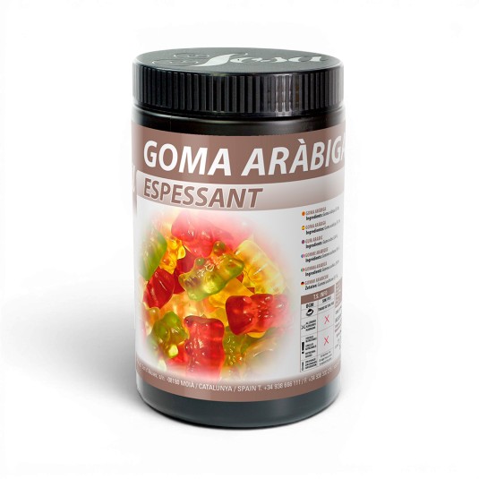 Jar labeled Goma Arábiga Espessant, a gum arabic thickener, with a colorful gummy candy image on the label