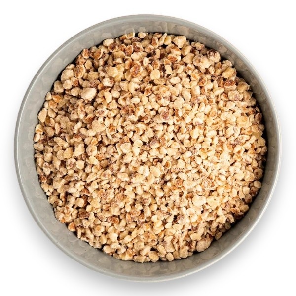 Top-down view of a round gray bowl filled with crunchy granola clusters.