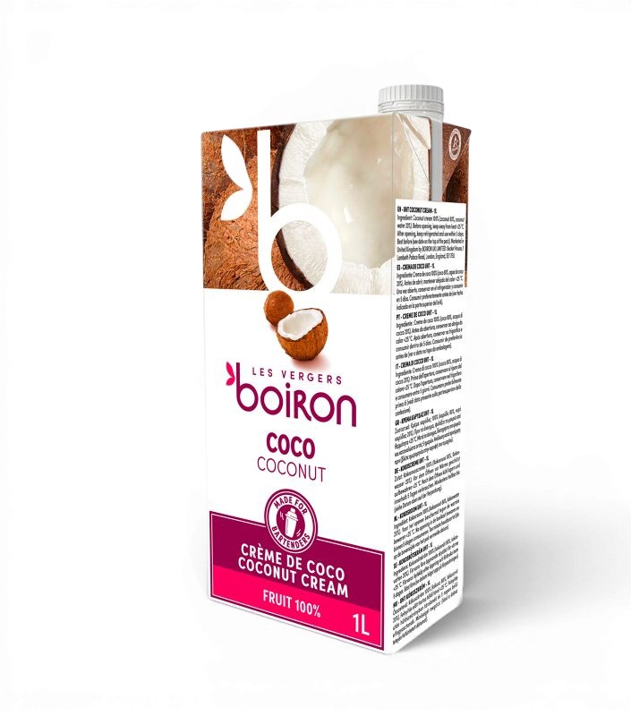 1‑liter carton of Coco coconut cream by Les Vergers Boiron, featuring coconut graphics and pink label.