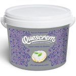 Tub of Quescrem queso crema with a purple ornamental label and white lid; text notes 0% lactose and a small cracker topped with cream inside.