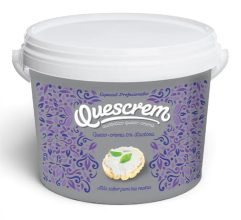 Tub of Quescrem queso crema with a purple ornamental label and white lid; text notes 0% lactose and a small cracker topped with cream inside.