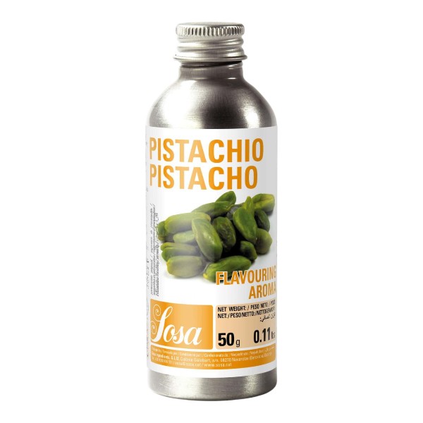 Metal bottle of pistachio flavoring with a label showing pistachio nuts and the text 'PISTACHIO' on a white background.